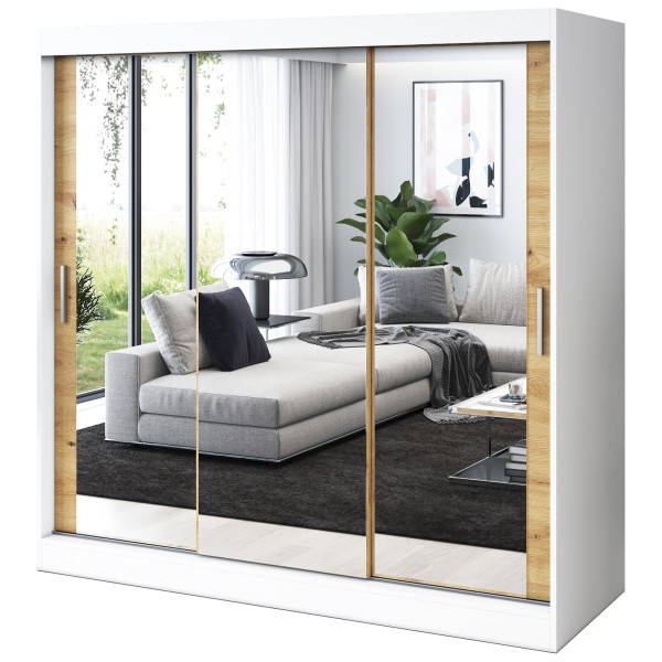 Szafa przesuwna 3x Lustro 200x200 Karl, Biały mat / Dąb Artisan 630093